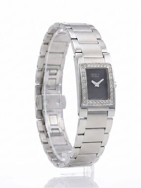 Citizen Silver-Tone Rectangular Black Dial Crystal Bezel Watch
